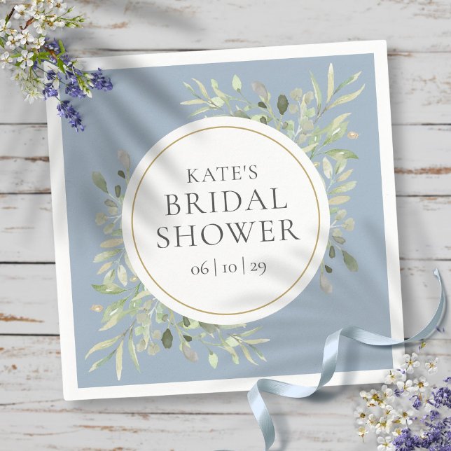 Elegantes Gold Dusty Blue Greenery Brautparty Serviette (Elegant Gold Dusty Blue Greenery Bridal Shower Napkins)