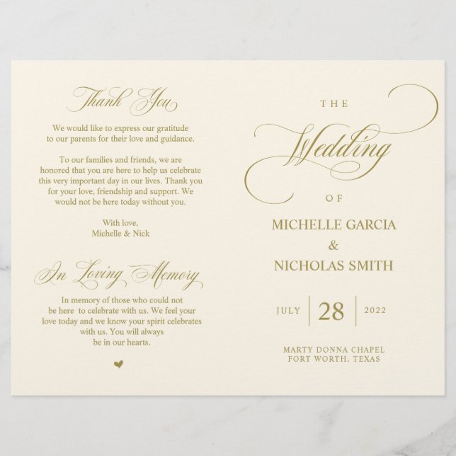 Elegantes Gold, faltbares Hochzeitsprogramm (Vorderseite)