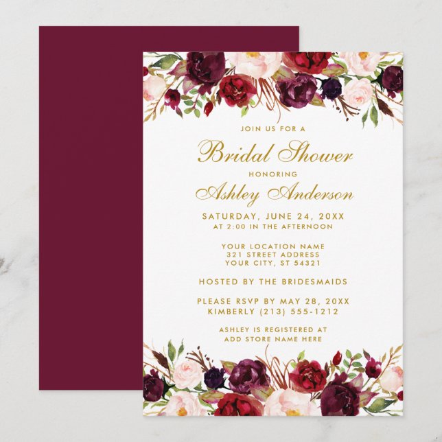 Elegantes Gold Floral Burgundy Brautparty Einladung (Vorne/Hinten)