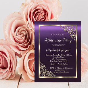 Elegantes Gold Floral Frame Lila Pensionierung Einladung