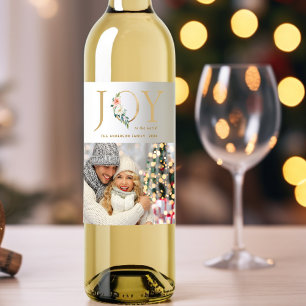 Elegantes Gold Floral Joy Holiday Foto Weinetikett