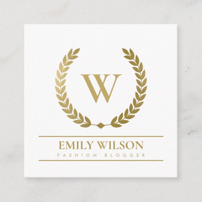ELEGANTES GOLD FLORAL LAUREL WREATH ERSTE MONOGRAM QUADRATISCHE VISITENKARTE (Vorderseite)