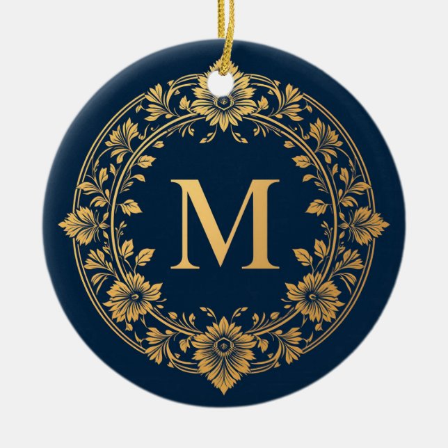 Elegantes Gold Floral Monogram Design Keramik Ornament (Vorne)