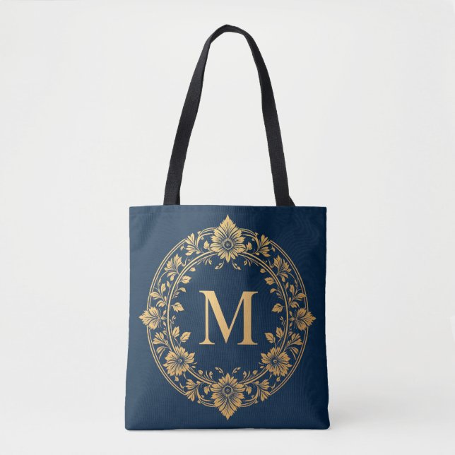 Elegantes Gold Floral Monogram Design Tasche (Vorderseite)