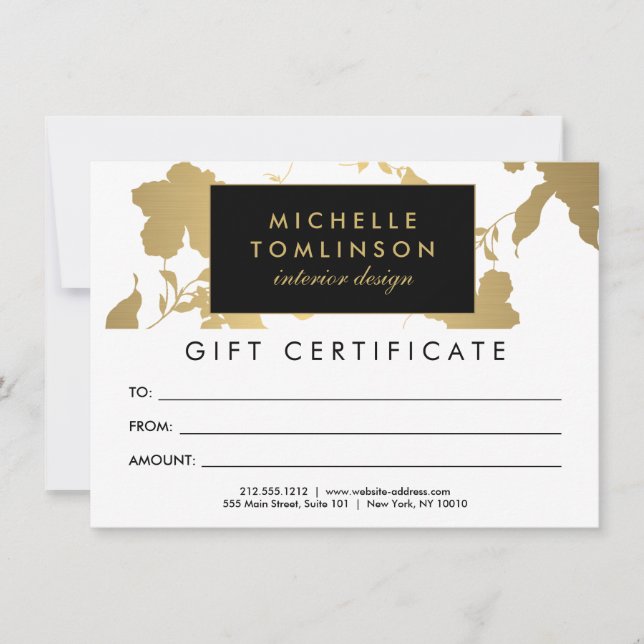 Elegantes Gold Floral Muster Weißes Geschenkgutsch (Vorderseite)