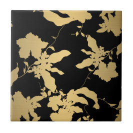 Elegantes Gold Floral Pattern Schwarz Fliese