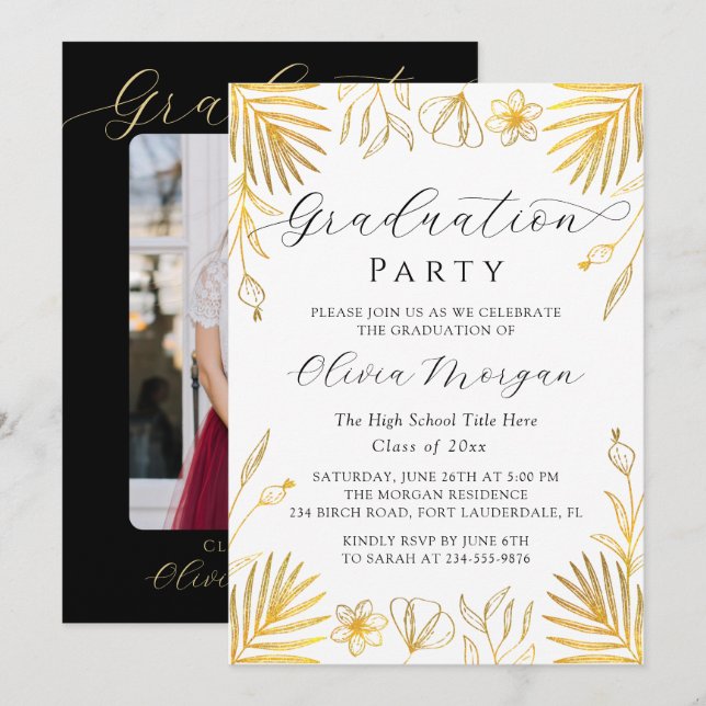 Elegantes Gold Floral Script Graduation Party Foto Einladung (Vorne/Hinten)