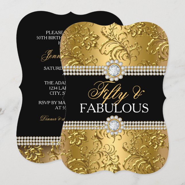 Elegantes Gold Floral Swirl 50 und fabelhaftes Par Einladung (Vorne/Hinten)