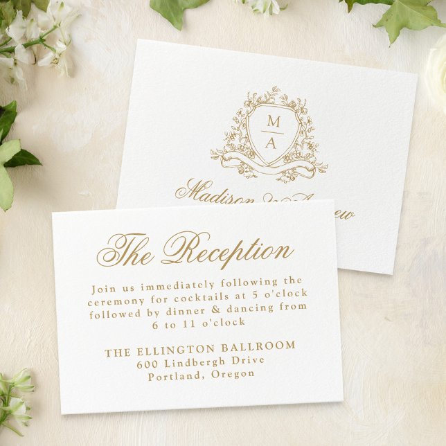Elegantes Gold Floral Wappen Hochzeit Empfang Begleitkarte (Von Creator hochgeladen)