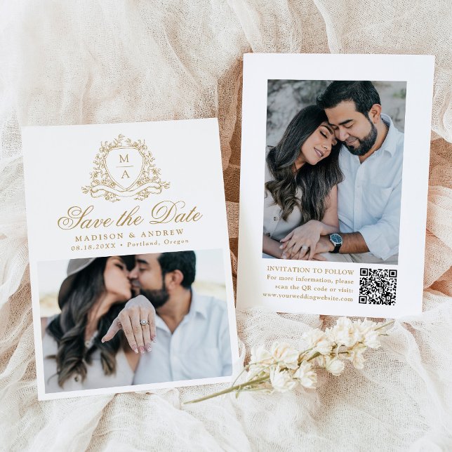 Elegantes Gold Floral Wappen Monogram Foto Hochzei Save The Date (Von Creator hochgeladen)