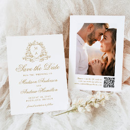 Elegantes Gold Floral Wappen Monogram Foto Hochzei Save The Date