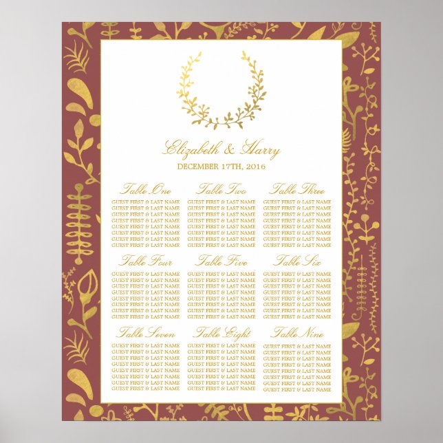 Elegantes Gold Floral Wreath Wedding Chart Poster (Vorne)