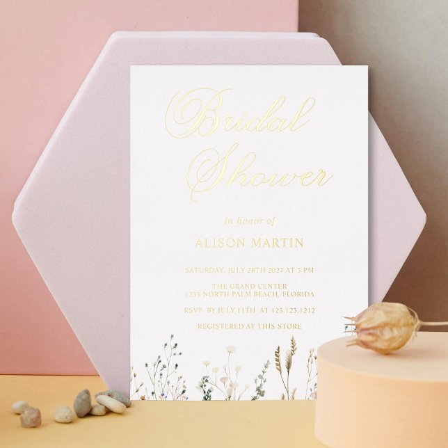 Elegantes Gold Foil Brautparty mit Wildblumen Folieneinladung (Personalized Elegant Gold Foil Bridal Shower with Wildflowers Foil Invitation)