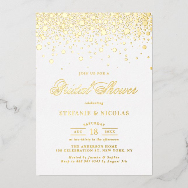 Elegantes Gold Foil Confetti Dots Brautparty Folieneinladung (Vorderseite)