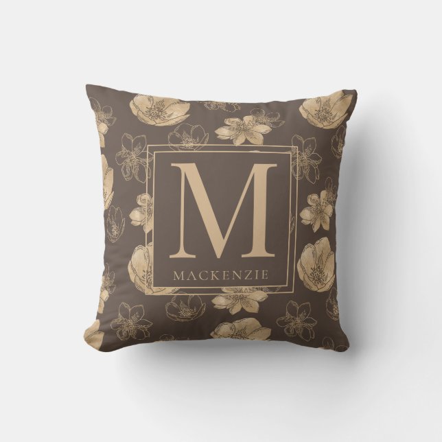 Elegantes Gold Foil Floral Muster Monogramm Kissen (Vorderseite)
