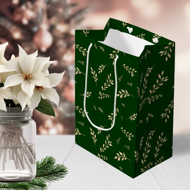 Elegantes Gold Foil Grünes Muster des Botanischen  Mittlere Geschenktüte (Elegant Gold Foil Botanical Forest Green Pattern Medium Gift Bag)