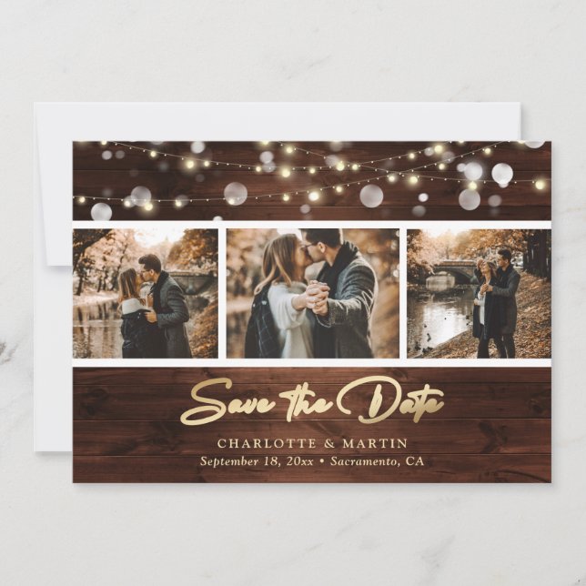 Elegantes Gold Foil Rustic Wood Lights Hochzeitsse Save The Date (Vorderseite)