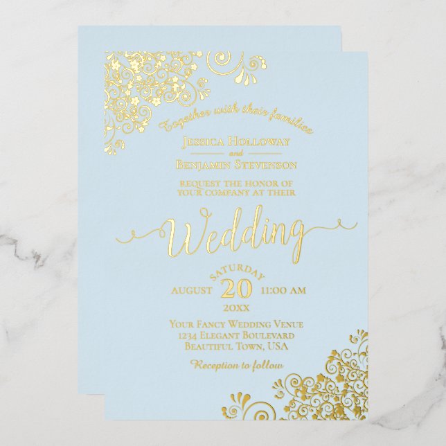Elegantes Gold Foil Spitzen auf der Blue Wedding Folieneinladung (Vorderseite/Rückseite)
