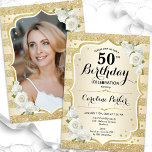 Elegantes Gold Foto 50. Geburtstag Einladung<br><div class="desc">Elegante florale feminine 50. Geburtstagseinladung mit Ihrem Foto auf der Kartenrückseite. Glam-Design mit Imitaten Glitzer Gold. Verfügt über goldene Streifen, weiße Rosen, Skript-Schriftart und Konfetti. Ideal für ein stilvolles Party für Erwachsene. Personalisieren Sie Ihre persönlichen Daten. Kann für jedes Alter angepasst werden! Gedruckte Zazzle Einladungen oder Sofortdownload digitalen druckbaren Vorlage....</div>