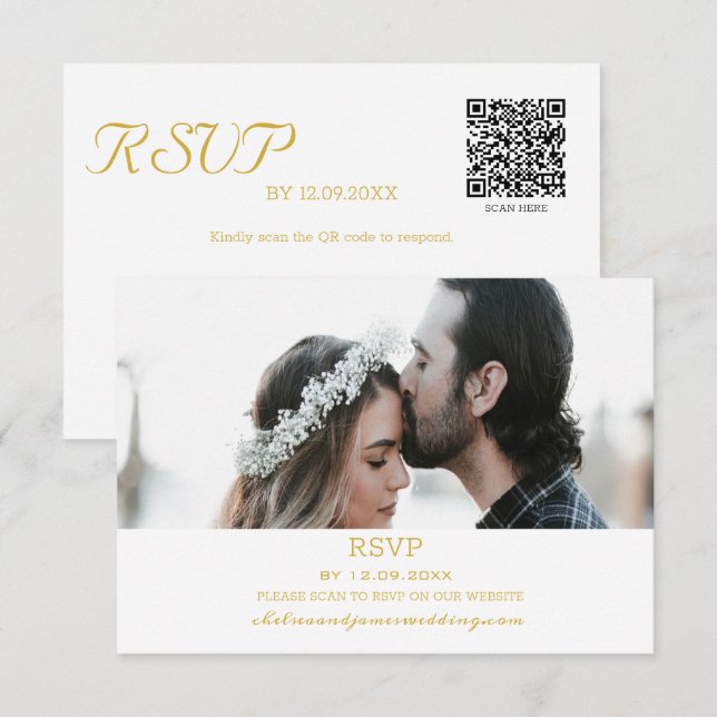 Elegantes Gold Foto QR Code Antwort auf Hochzeiten (Vorne/Hinten)