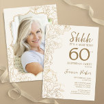 Elegantes Gold Foto Überraschung 60. Geburtstag Einladung<br><div class="desc">Elegante Goldcreme Überraschung 60. Geburtstagsfeier Einladung mit Ihrem Foto auf der Kartenrückseite. Modernes,  feminines Design mit botanischen Akzenten und Typografie-Script-Schriftart. Einfache florale Einladungskarte perfekt für eine stilvolle weibliche Überraschung am Tag. Kann für jedes Alter angepasst werden. Gedruckte Zazzle Einladungen oder Sofortdownload digitalen druckbaren Vorlage.</div>