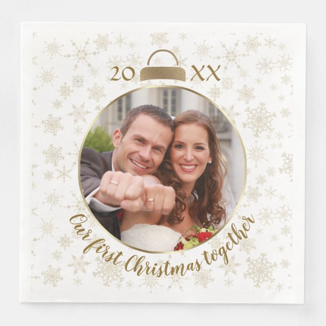 Elegantes Gold Foto Unser erstes Weihnachtsfest Serviette (Vorderseite)