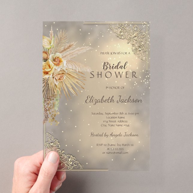 Elegantes Gold Frame Boho Blume Brautparty Acryleinladungen (Insitu (Handheld))