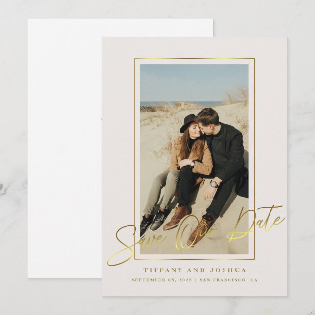 Elegantes Gold Frame Foto Hochzeit Save The Date (Vorne/Hinten)