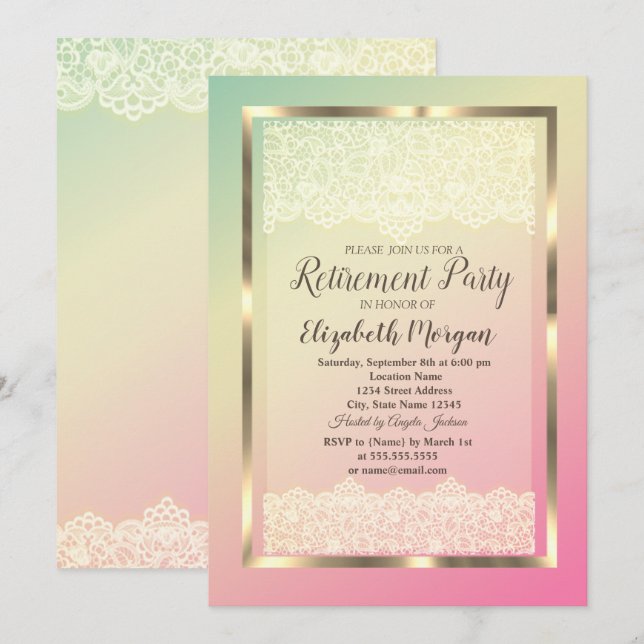 Elegantes Gold Frame Lace Ombre Retirement Party Einladung (Vorne/Hinten)