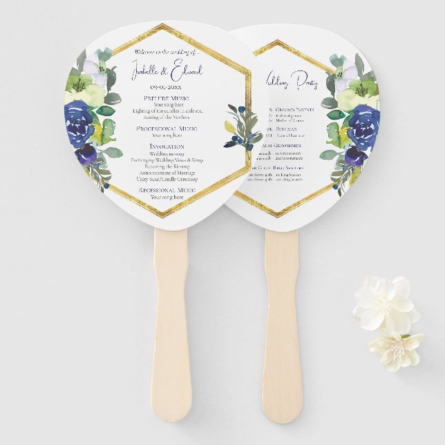 Elegantes Gold Frame Navy White Rose Floral Progra Fächer (Vorne und Hinten)
