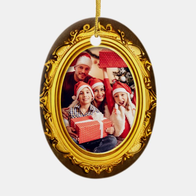 Elegantes Gold Frame Personalisiertes Foto Oval Keramik Ornament (Vorne)
