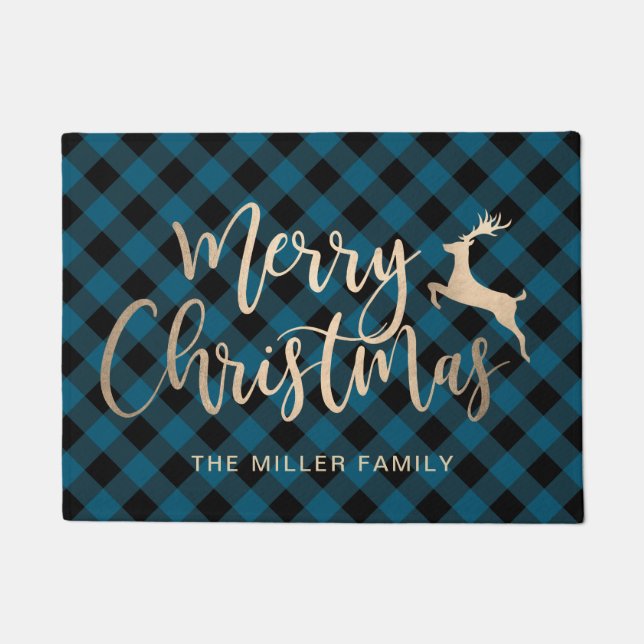 Elegantes Gold Frohe Weihnachten Schwarz & Blau Ka Fußmatte (Vorderseite)