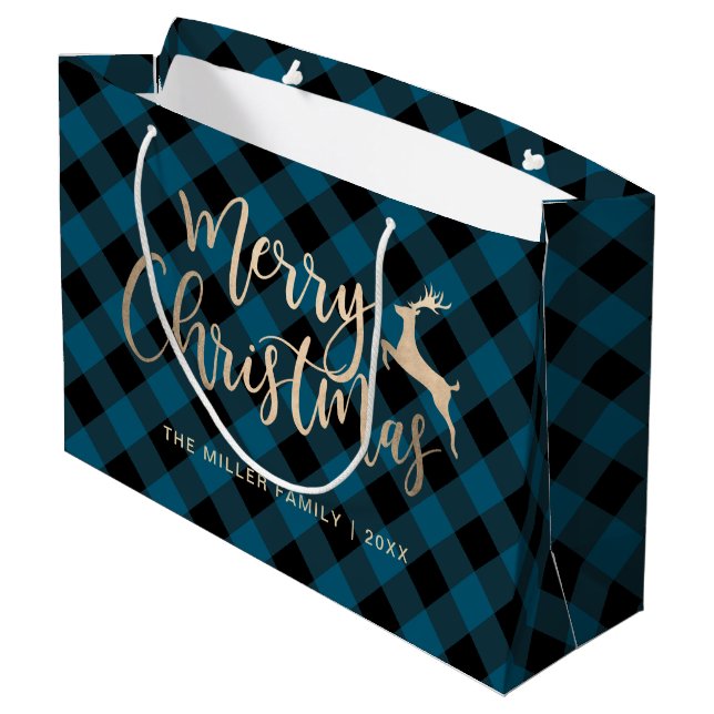 Elegantes Gold Frohe Weihnachten Schwarz & Blau Ka Große Geschenktüte (Rückseite Schrägansicht)