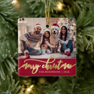 Elegantes Gold Frohe Weihnachten Skript Foto Rot Keramikornament
