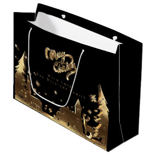 Elegantes Gold Frohe Weihnachtsdorf Große Geschenktüte
