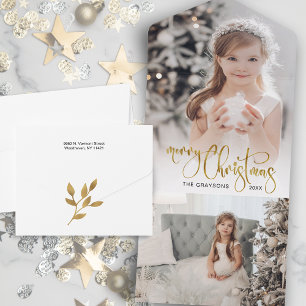 Elegantes Gold Frohe Weihnachtskalligrafie-Foto All In One Einladung