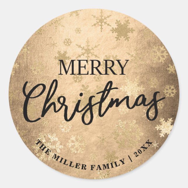 Elegantes Gold Frohe Weihnachtsschneeflockenmuster Runder Aufkleber (Vorderseite)