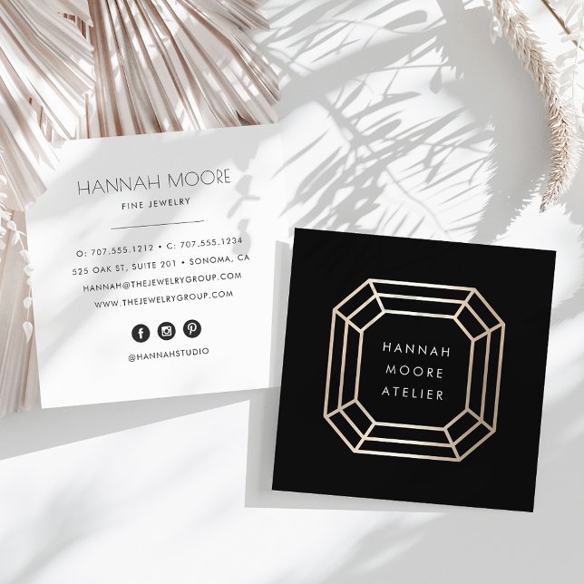 Elegantes Gold Gemstone Logo | Schmuckdesign Quadratische Visitenkarte (Von Creator hochgeladen)