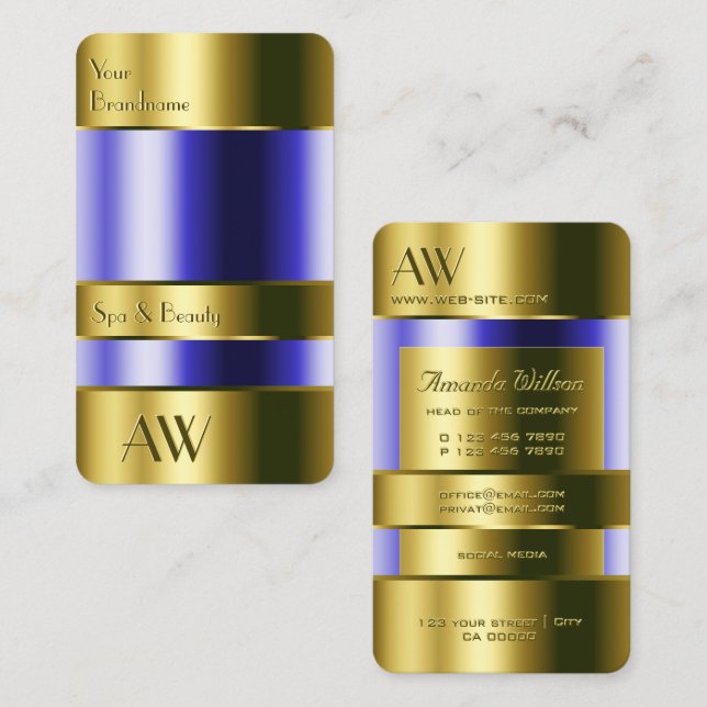 Elegantes Gold Glas Optic Blue Fluids 3D Monogram Visitenkarte (Vorne/Hinten)