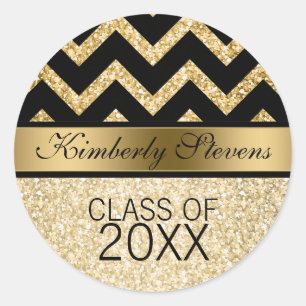 Elegantes Gold-Glitter Schwarz Chevron-Abschlüsse Runder Aufkleber