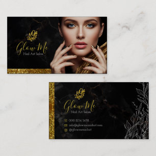 Elegantes Gold-Glitter- und schwarzes Marmor-Nagel Visitenkarte
