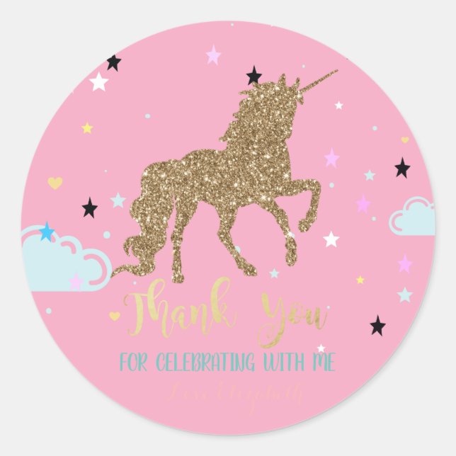 Elegantes Gold Glitzer Einhorn, Sterne, Cloud Runder Aufkleber (Vorderseite)