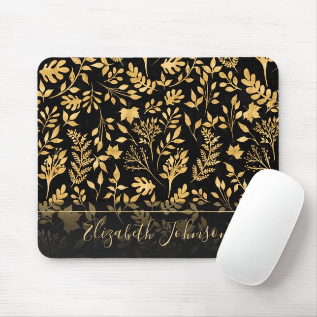 Elegantes Gold Glitzer Foliage Black Design Mousepad (Mit Mouse)