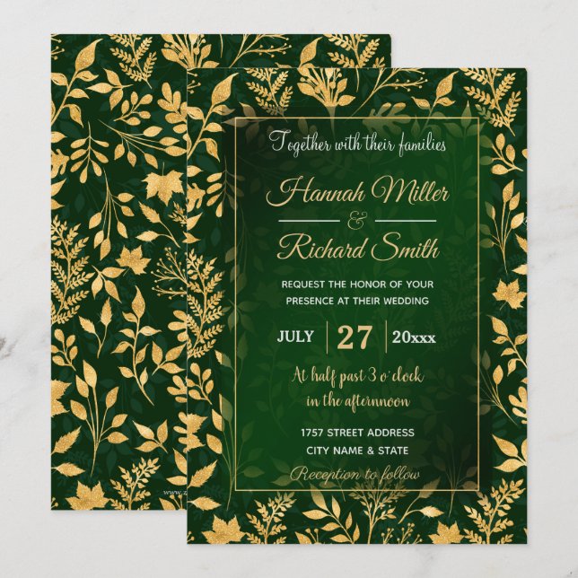 Elegantes Gold Glitzer Foliage Forest Green Design Einladung (Vorne/Hinten)