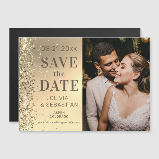 Elegantes Gold Glitzer Foto Hochzeit speichern Magneteinladung (Vorne/Hinten)