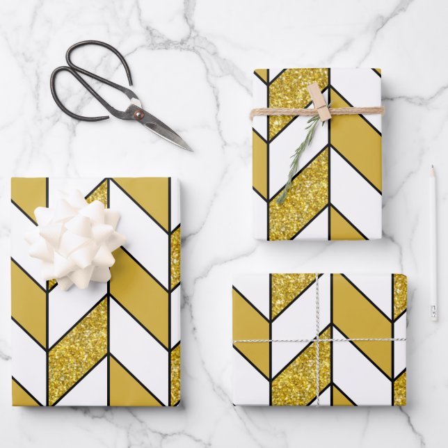Elegantes Gold Glitzer Herringbone Zickzack Muster Geschenkpapier Set (Vorderseite)