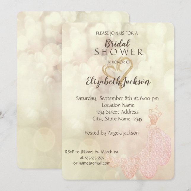 Elegantes Gold Glitzer Herz, Dress Brautparty Einladung (Vorne/Hinten)