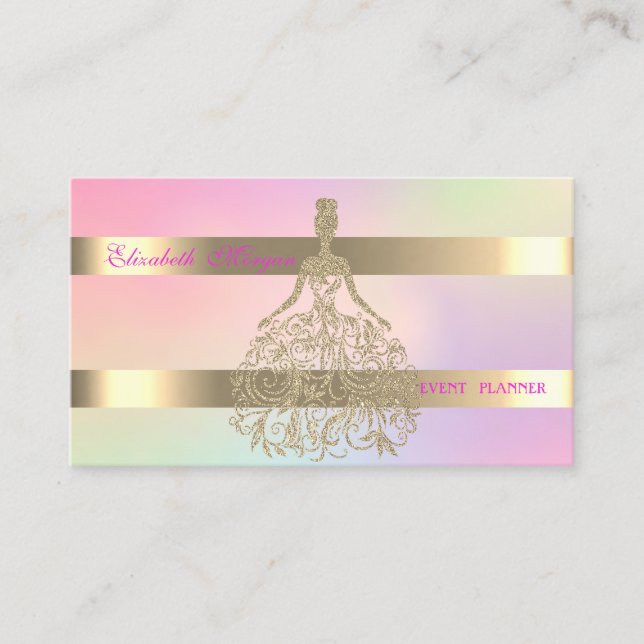 Elegantes Gold Glitzer Kleid, Stripe Holographic Visitenkarte (Vorderseite)