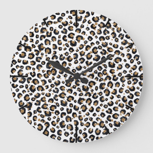 Elegantes Gold Glitzer Leopard Muster Große Wanduhr (Vorderseite)