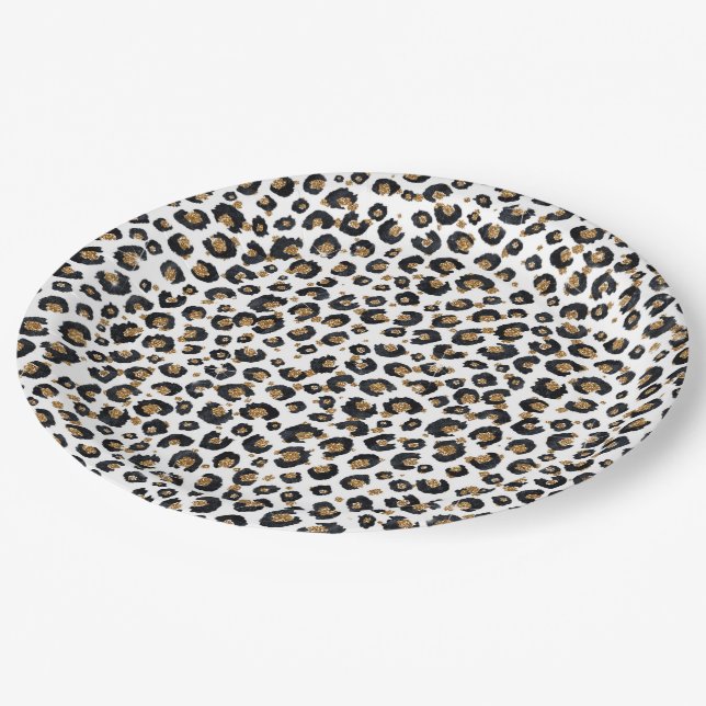 Elegantes Gold Glitzer Leopard Muster Pappteller (Schrägansicht)